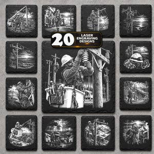 May include: A collection of 20 square slate coasters featuring laser-engraved illustrations of electrical line workers performing tasks on utility poles and in bucket trucks, with a central label reading 20 LASER ENGRAVING DESIGNS.
