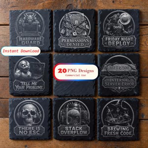 Pacote com 20 imagens PNG de porta-copos para programadores com tema de Halloween, arquivos divertidos para gravação a laser de TI, arte assustadora para lousa de programação, presente para engenheiro de software