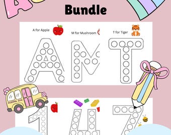 May include: A colorful educational activity bundle for ages 2-5, featuring the text "Do a Dot Activity Bundle." Includes pages with letters, numbers, and illustrations of an apple, mushroom, tiger, and school bus. The bundle has over 40 pages.