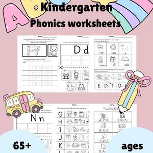以下が含まれることがあります： 幼稚園のフォニックスワークシート。カラフルな文字とイラストが特徴です。ワークシートには、トレース、マッチング、塗り絵の練習が含まれています。画像テキストには「65ページ以上」と「対象年齢4～6歳」と記載されています。