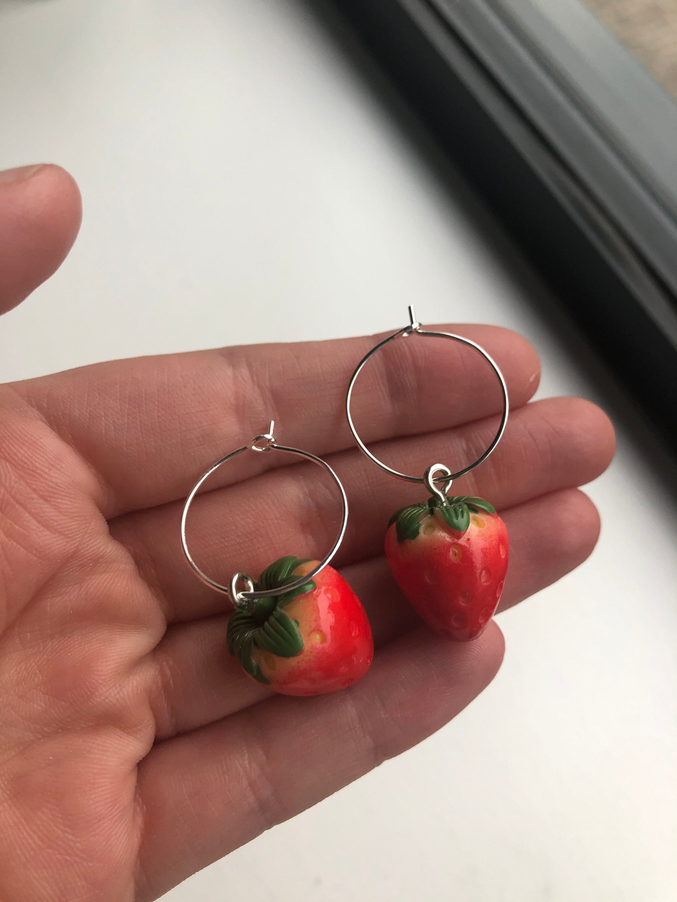 Strawberry Charm Hoop Earrings Silverplated Hoops Etsy