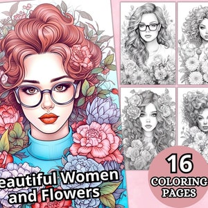 May include: A set of 16 coloring pages featuring beautiful women with flowers in their hair. The women are drawn in a realistic style with intricate details. The flowers are also drawn in a realistic style with vibrant colors. The coloring pages are perfect for adults who enjoy detailed coloring projects.