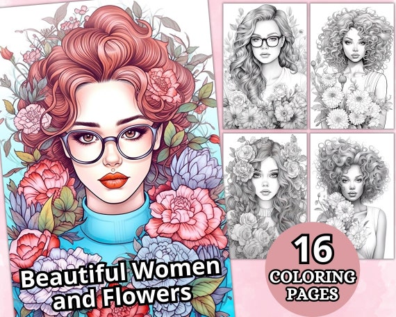 16 Beutiful Women and Flowers Coloring Page, Grayscale Coloring Pages, Coloring Book, Printable PDF, Women Coloring Pages, Floral Coloring