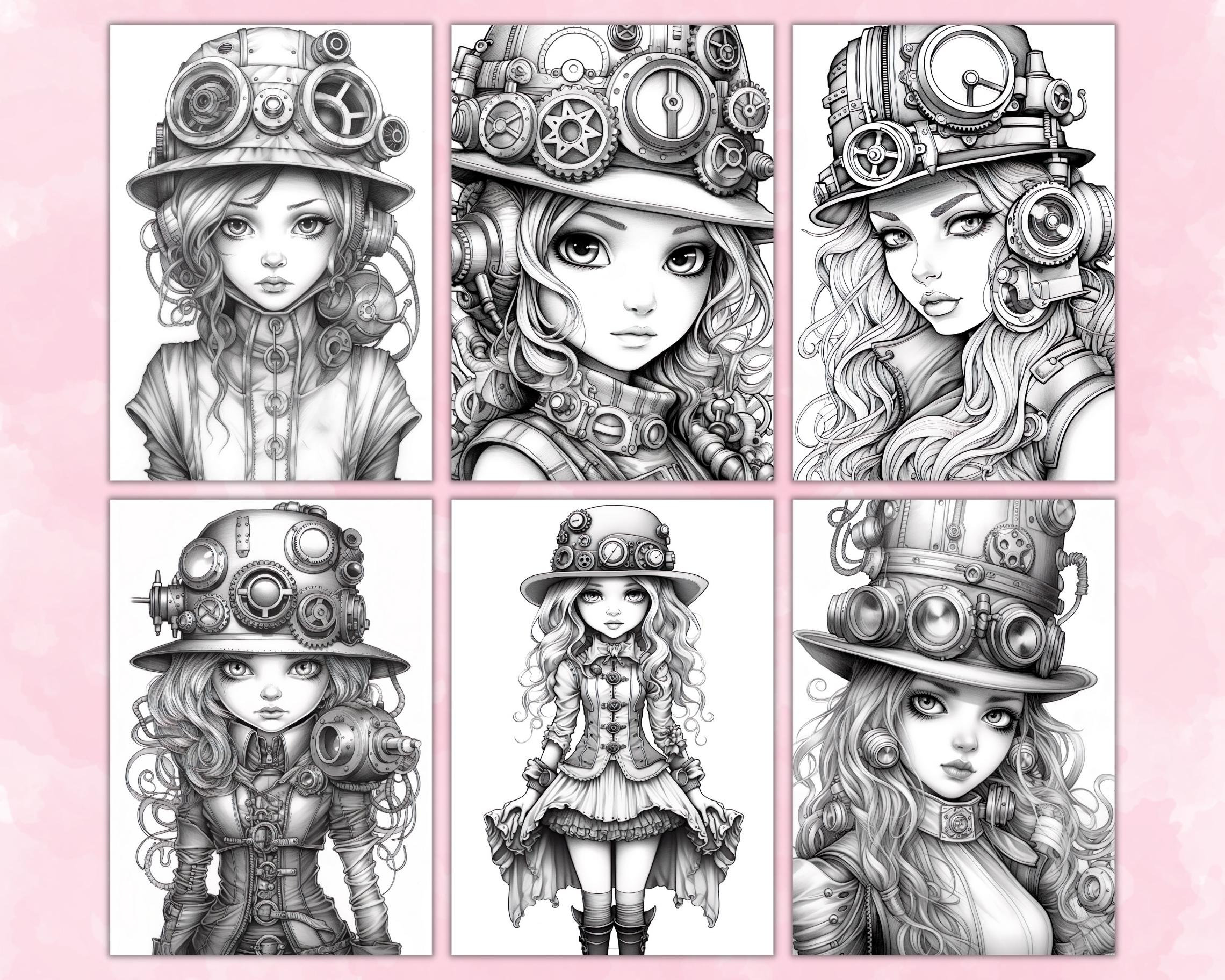 Steampunk Girls Coloring Pages for Adults, Grayscale Coloring Page ...