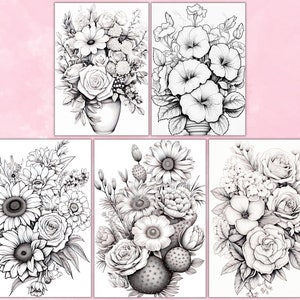 Flower Arrangements Coloring Pages For Adults, Grayscale Coloring Pages, Flowers Coloring Book, Printable PDF, Botanical Floral Coloring