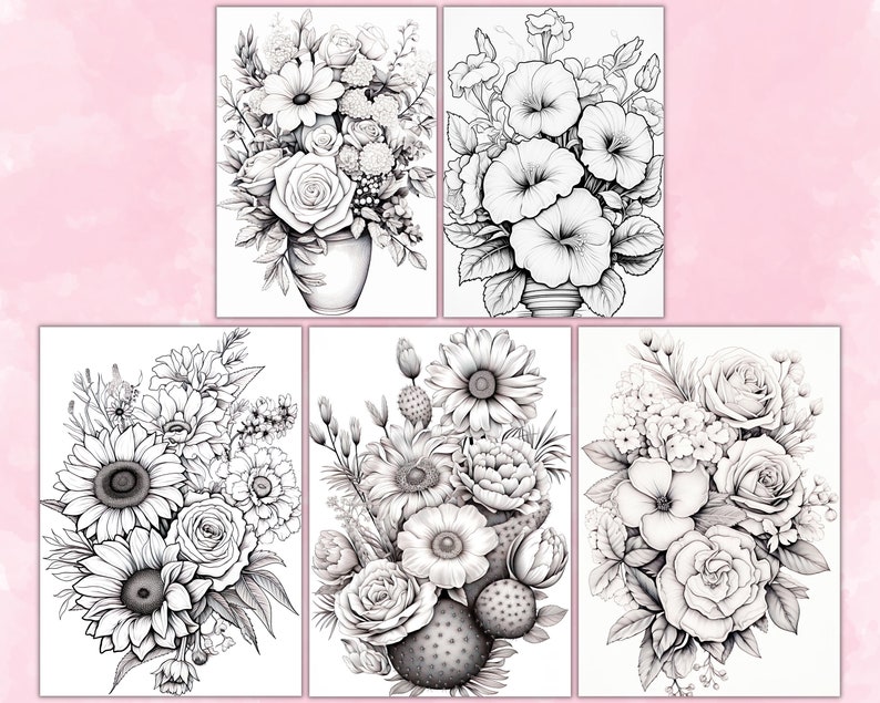 Flower Arrangements Coloring Pages For Adults, Grayscale Coloring Pages, Flowers Coloring Book, Printable PDF, Botanical Floral Coloring