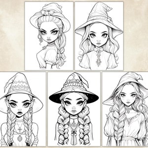 Cute Anime Witches Coloring Pages For Adults, Grayscale Coloring Pages, Halloween Coloring Pages, Fantasy Anime Coloring Book, Printable PDF Active