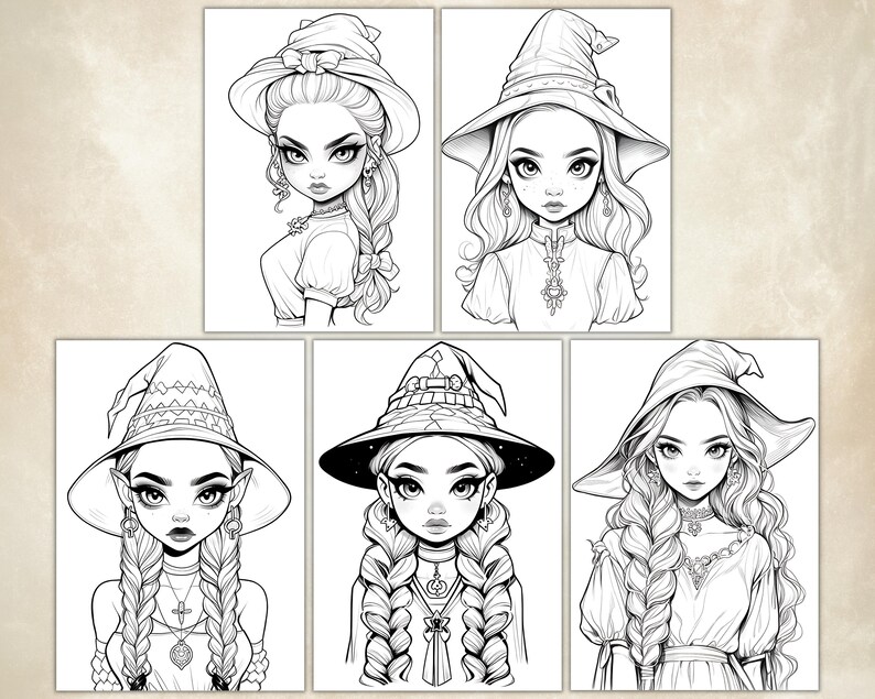 Cute Anime Witches Coloring Pages For Adults, Grayscale Coloring Pages, Halloween Coloring Pages, Fantasy Anime Coloring Book, Printable PDF Active