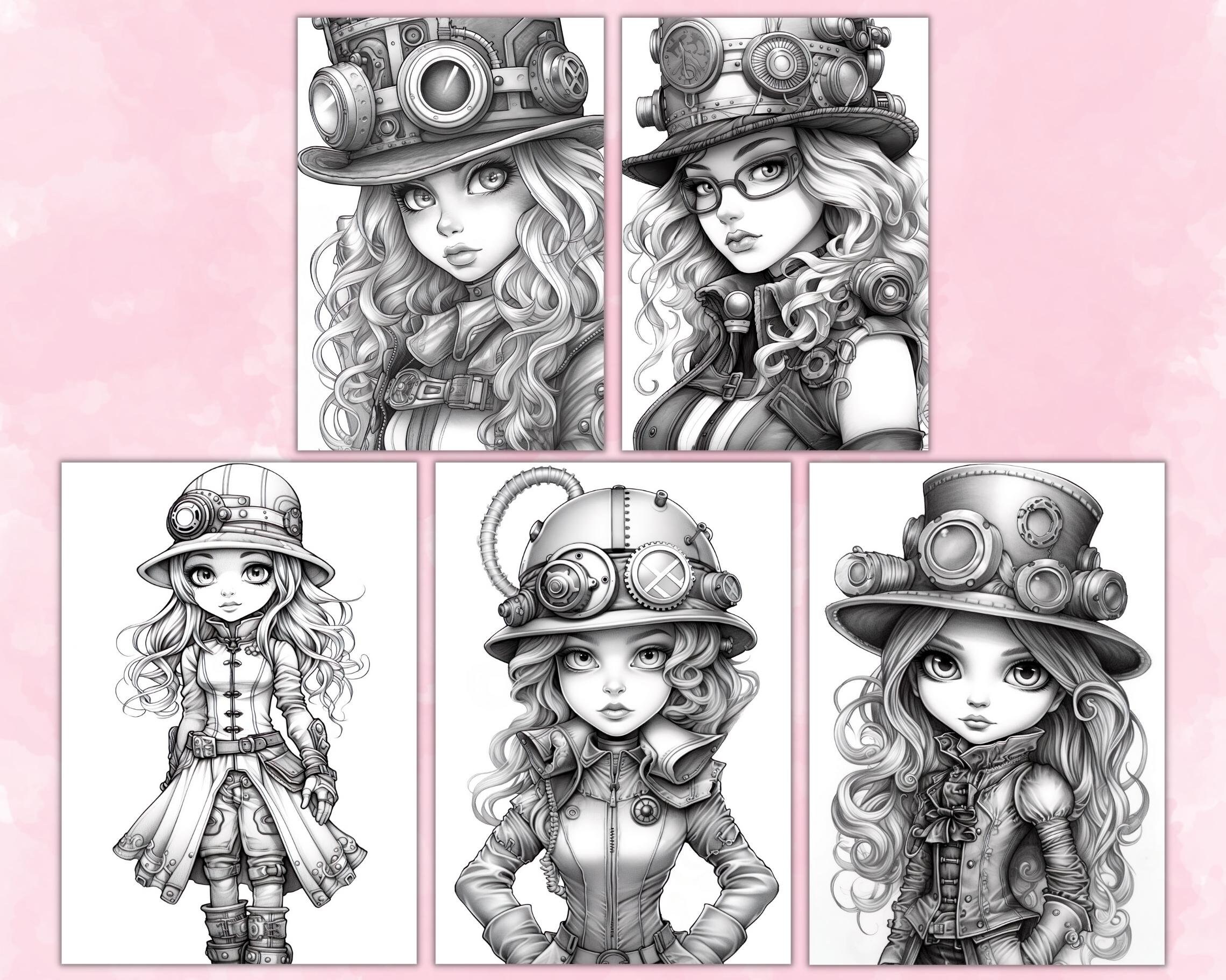 Steampunk Girls Coloring Pages for Adults, Grayscale Coloring Page ...