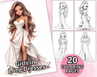 Girls in Long Dresses Coloring Pages, Fashion Coloring Pages, Digital Coloring Book, Printable PDF