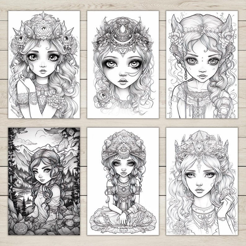 Cute Fairy Princesses Coloring Pages Grayscale Coloring Page - Etsy