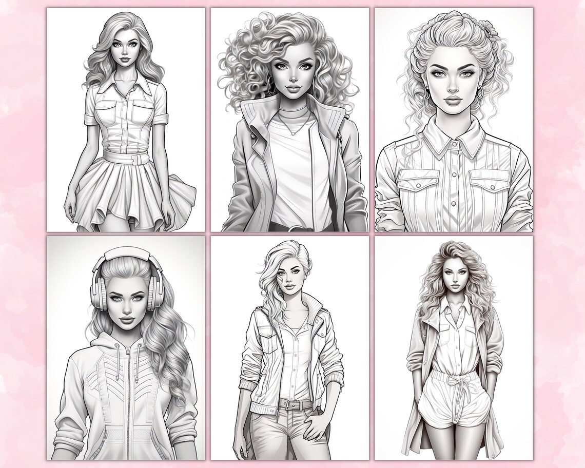 Girls in Edgy Fashion Coloring Pages for Adults, Grayscale Coloring ...