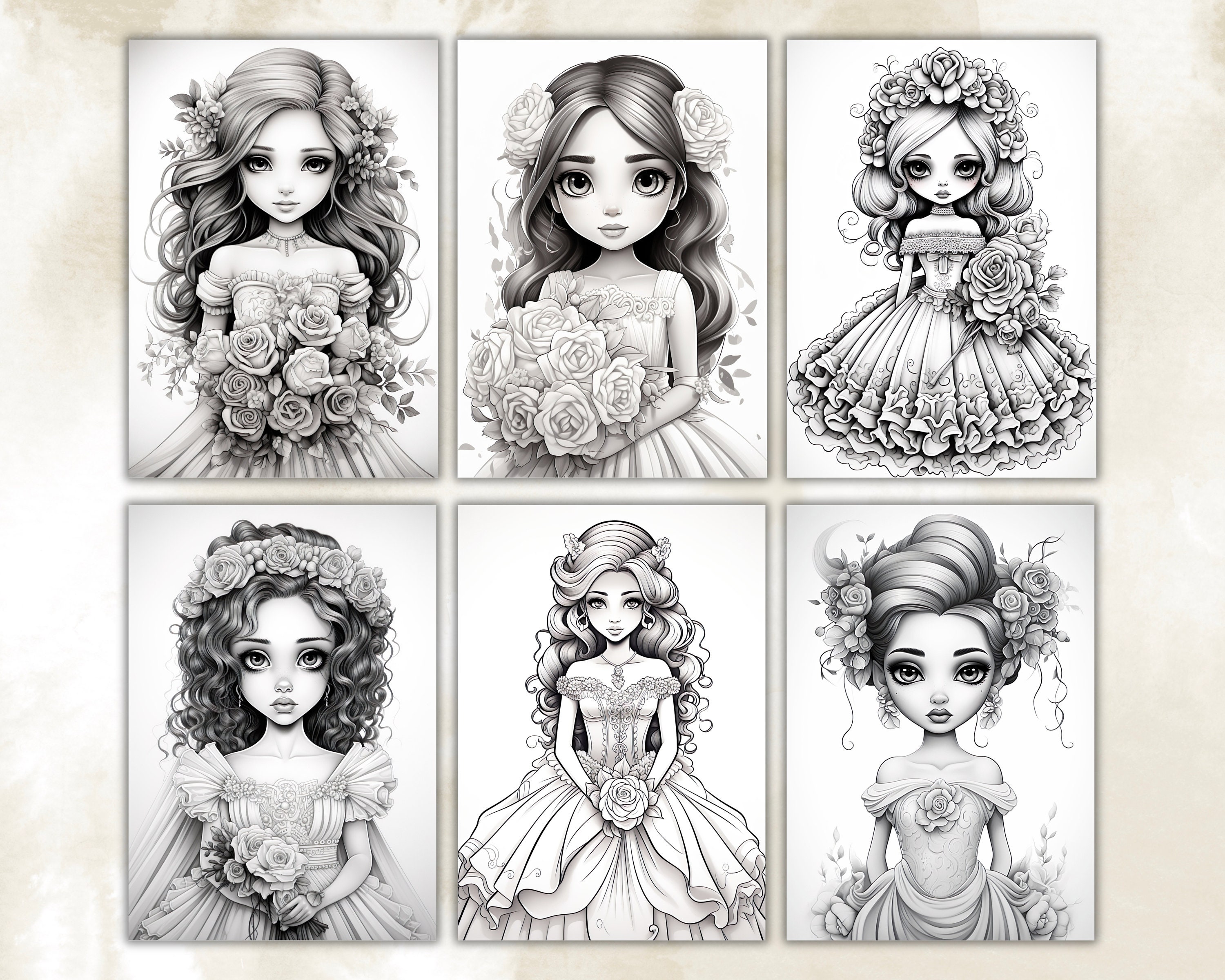 Cute Wedding Brides Coloring Pages, Grayscale Coloring Pages, Fantasy