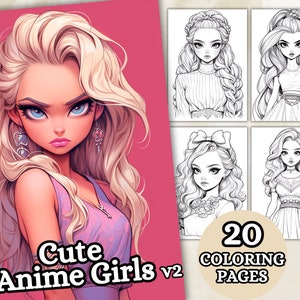 Cute Anime Girls Coloring Pages For Adults, Grayscale Coloring Pages Fantasy Anime Coloring Book, Printable PDF, Coloring Sheet, Digital, v2