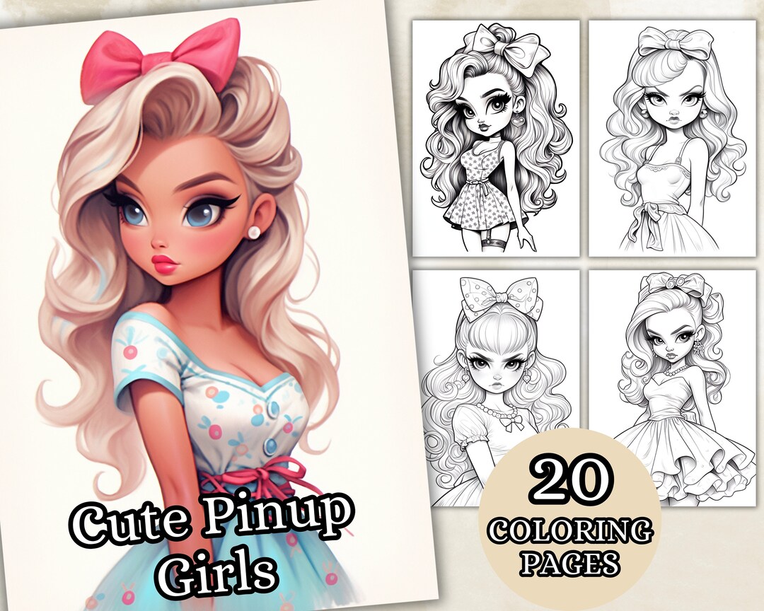 Cute Pin up Girls Coloring Pages, Grayscale Coloring Book, Printable ...