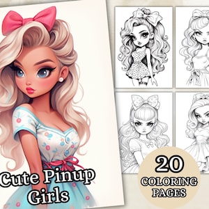 Cute Pin Up Girls Coloring Pages, Grayscale Coloring Book, Printable PDF for Coloring, Fantasy Anime Coloring, Digital Download