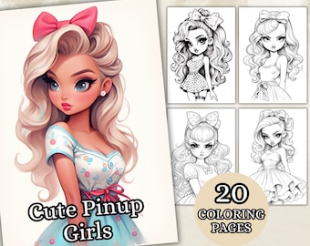 Jolies filles pin up à colorier, livre de coloriage en niveaux de gris, PDF imprimable à colorier, coloriage anime fantastique, téléchargement numérique
