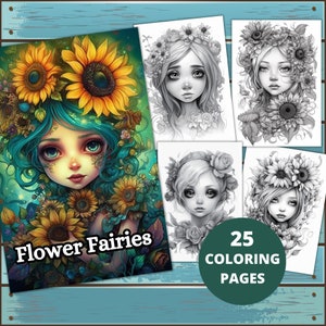 Flowers and Fairies Coloring Pages, Fairy Coloring Page, Grayscale Coloring Page, Fantasy Anime,  Printable PDF, Coloring Sheet, Fairy color