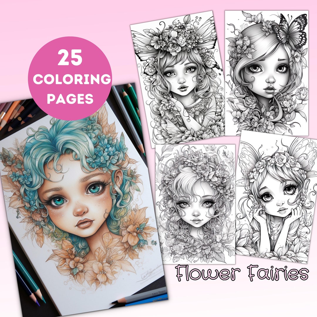 Cute Flower Fairy Coloring Pages, Fairy Coloring Page, Grayscale