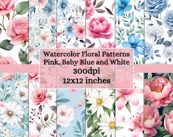12 Nahtlose Aquarell Blumen Muster, Aquarell Blumen Muster, Rosa Baby-Blau Weiß Blumen Muster Blume Digitales Papier, Florale Drucke
