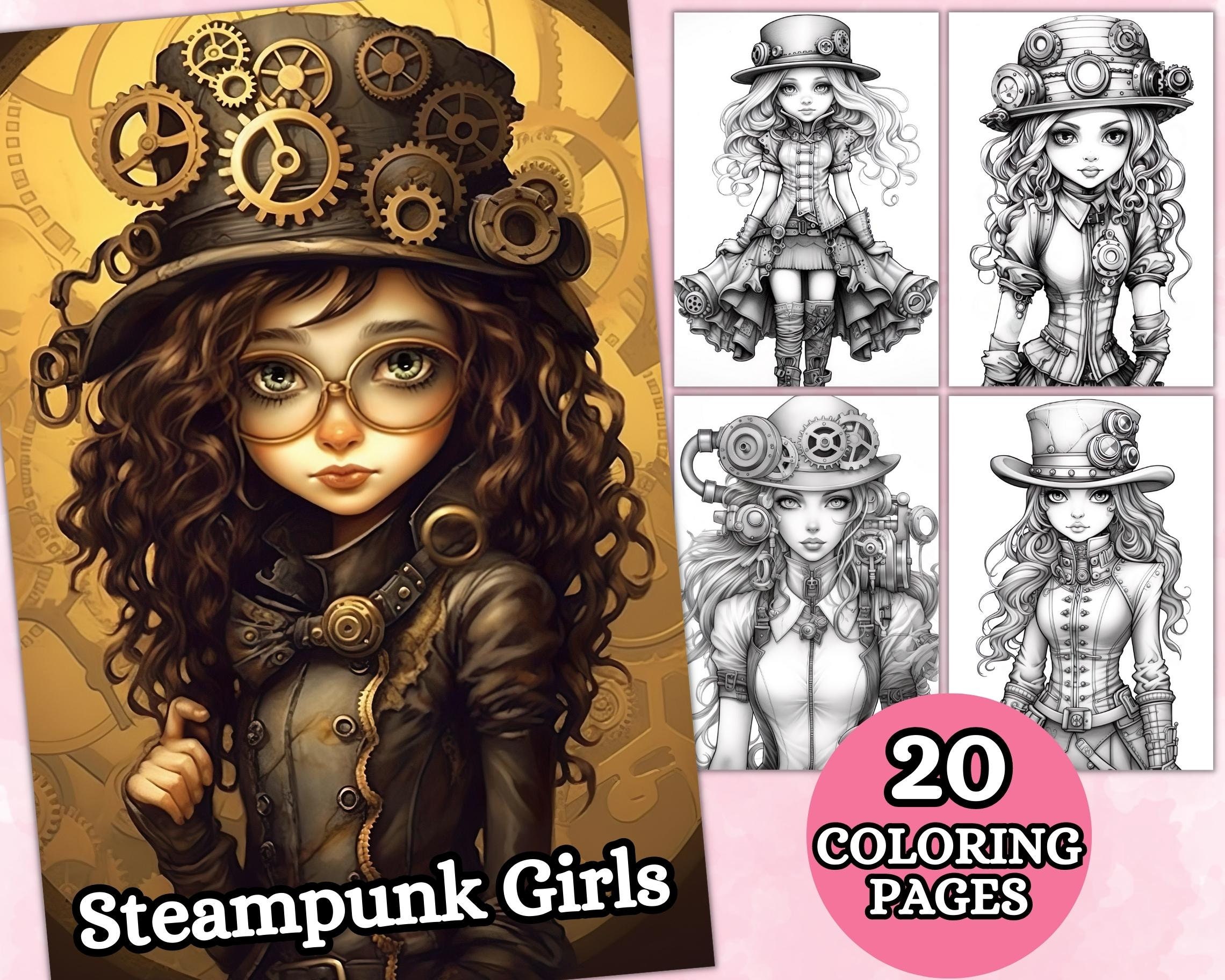 Steampunk Girls Coloring Book Adults, Printable Steampunk Coloring Page,  Grey Scale Adult Coloring Pages, Vintage Coloring 