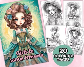 Girls in 1600s Vintage Dresses Coloring Page Book, Dresses Coloring, Grayscale Cloring Pages, Printable PDF, Coloring Book, Girls coloring