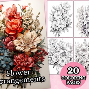 大人向けのフラワーアレンジメントの塗り絵、グレースケールの塗り絵、花の塗り絵、印刷可能な PDF、植物の花の塗り絵