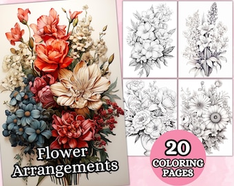 Flower Arrangements Coloring Pages For Adults, Grayscale Coloring Pages, Flowers Coloring Book, Printable PDF, Botanical Floral Coloring
