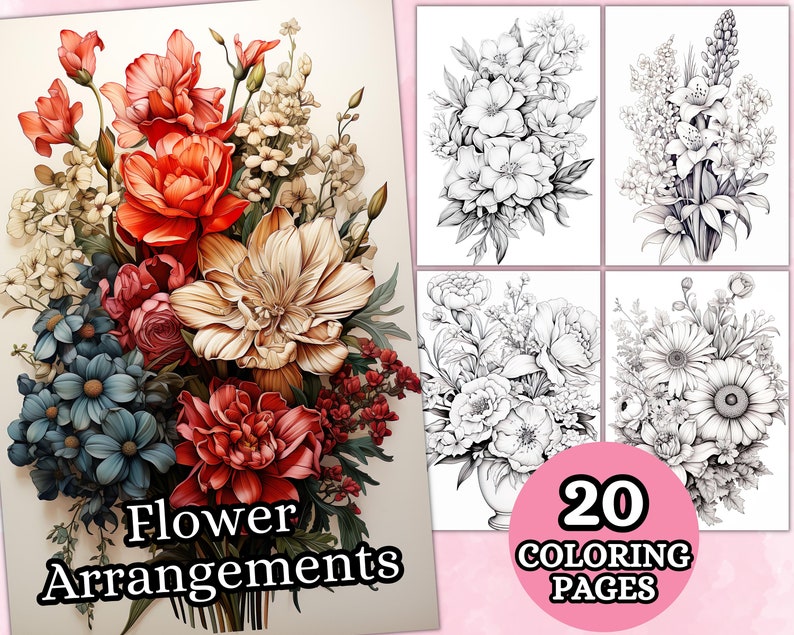 Flower Arrangements Coloring Pages For Adults, Grayscale Coloring Pages, Flowers Coloring Book, Printable PDF, Botanical Floral Coloring