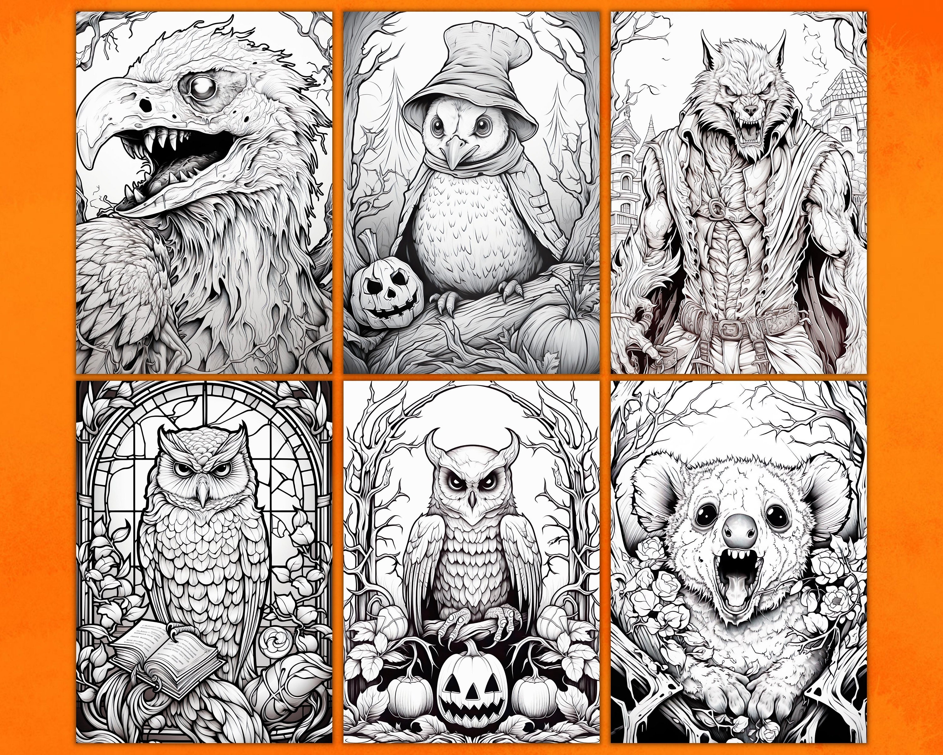 Creepy Halloween Animals Coloring Pages for Adults, Grayscale Coloring ...