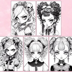 May include: Five black and white illustrations of girls with different hairstyles and skull accessories. Each girl is wearing a different outfit with a gothic style.
