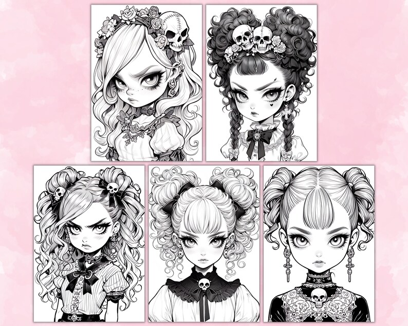 May include: Five black and white illustrations of girls with different hairstyles and skull accessories. Each girl is wearing a different outfit with a gothic style.