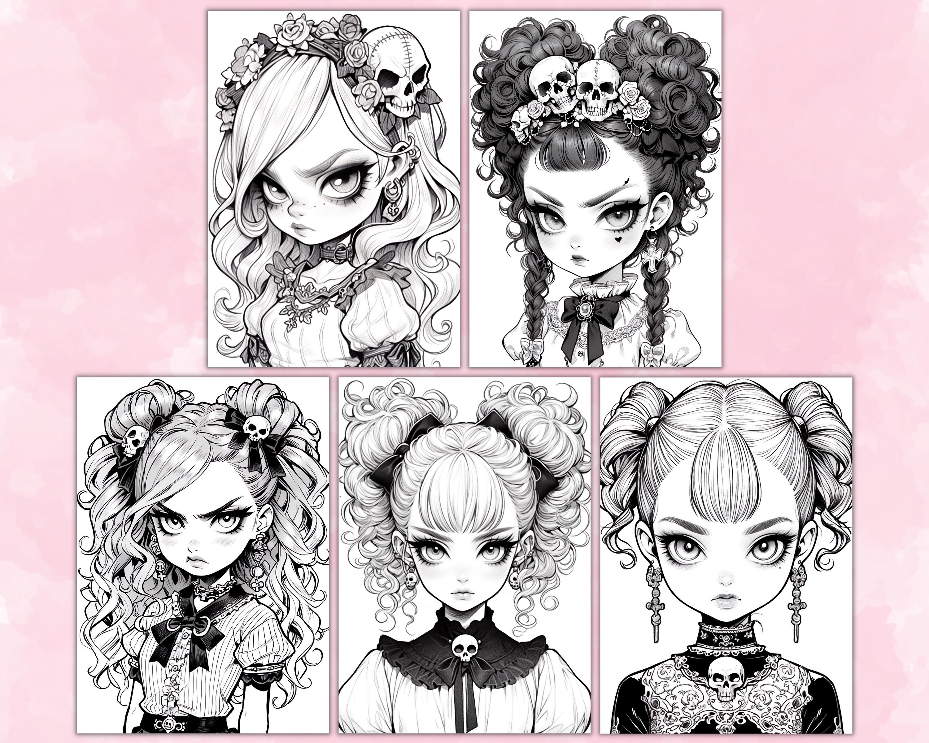 Anime Goth Girls Coloring Pages for Adults, Grayscale Coloring Page ...