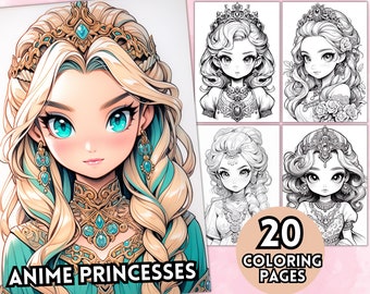 Anime Princesses Coloriage Pages Pour Adultes, Page De Coloriage En Niveaux De Gris, Livre De Coloriage Anime Fantasy, PDF Imprimable, Téléchargement Numérique, Conte De Fées
