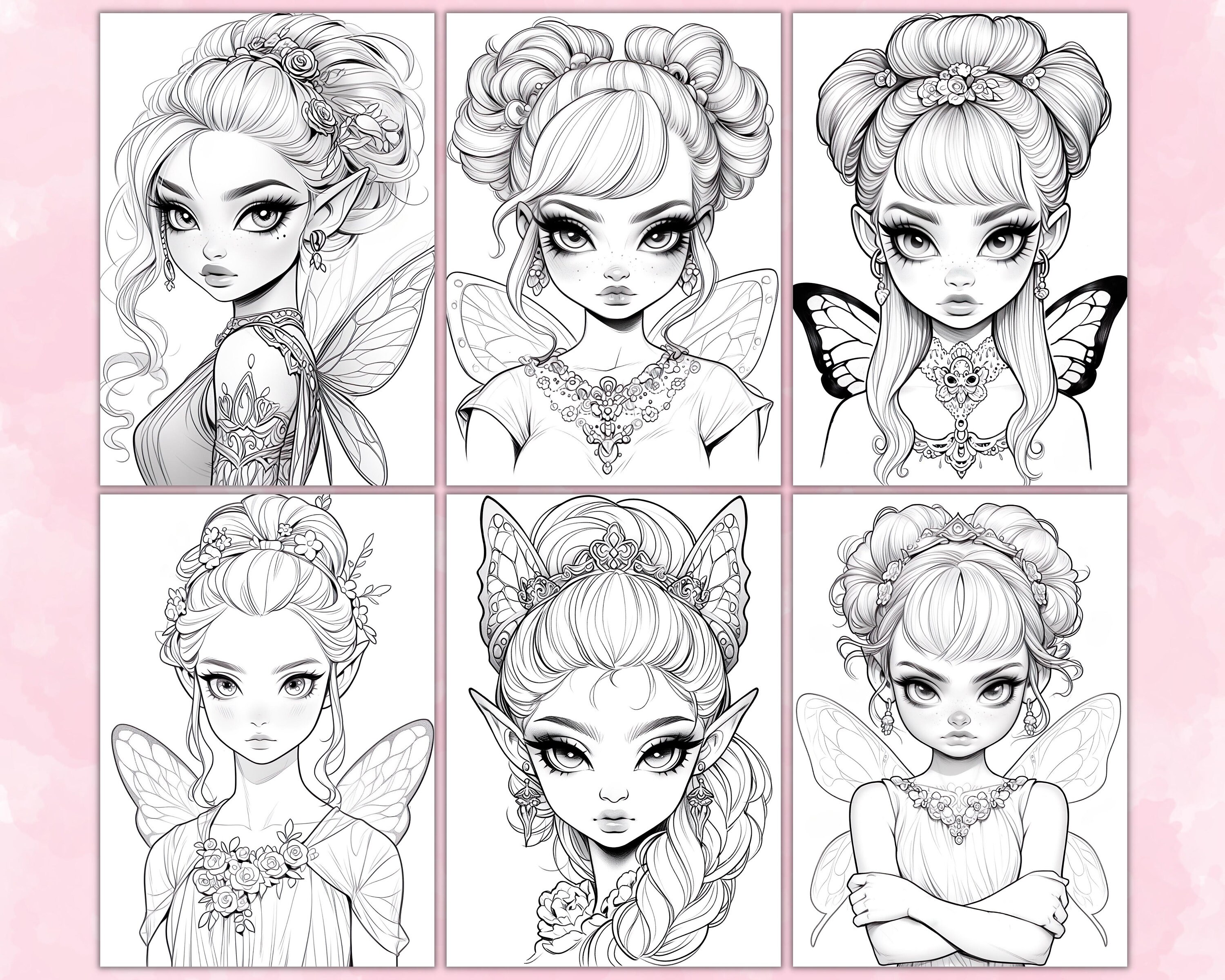 Cute Anime Fairies Coloring Pages, Grayscale Coloring Page, Fantasy ...