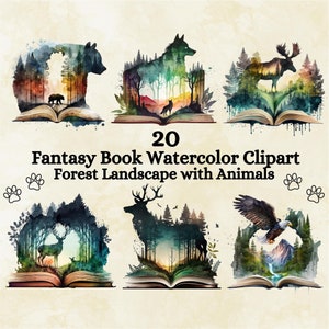 20 Aquarell Fantasy Wald Buch Clipart, offenes Buch Clipart, Fantasy Clipart, Wald Landschaft Clipart, Wald Tier Clipart, Scrapbooking