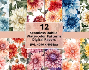 Dahlie Blumen Aquarell digitales Papier, nahtloses Blumenmuster, Blumendrucke, Aquarell Blumenmuster, Scrapbooking, digitales Papier