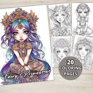 Cute  Fairy Princesses Coloring Pages, Grayscale Coloring Page, Fantasy Anime, Fairy Coloring Page, Printable PDF, Fairy Coloring