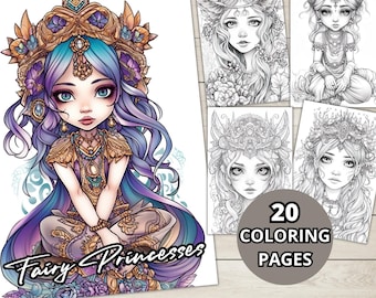 May include: A coloring book featuring 20 pages of fairy princesses with intricate details. The cover features a purple-haired fairy princess with a golden crown and ornate jewelry. The text "Fairy Princesses" is written in a whimsical font.