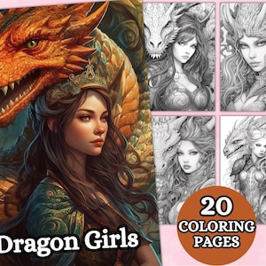 20 Beautiful Dragon Girls Coloring Page Book, Grayscale Coloring Pages, Coloring Book, Printable PDF, Dragons Coloring, Fantasy Coloring