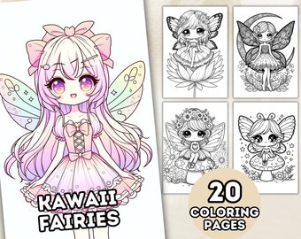Páginas para colorear de hadas Kawaii, Páginas para colorear en escala de grises, Anime de fantasía, Libro para colorear Kawaii, PDF imprimible, Libro para colorear digital