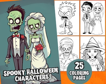 Spooky Halloween Characters Coloring Pages For Kids and Teens, Coloring Book, Halloween Coloring Pages, Printable PDF, Digital Download