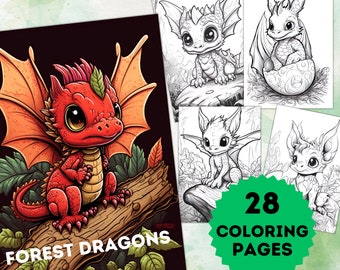 Baby Forest Dragon Fantasy Coloring Pages Book,  Dragon Coloring, Printable PDF, Adult Coloring book, Grayscale Coloring, Adult coloring
