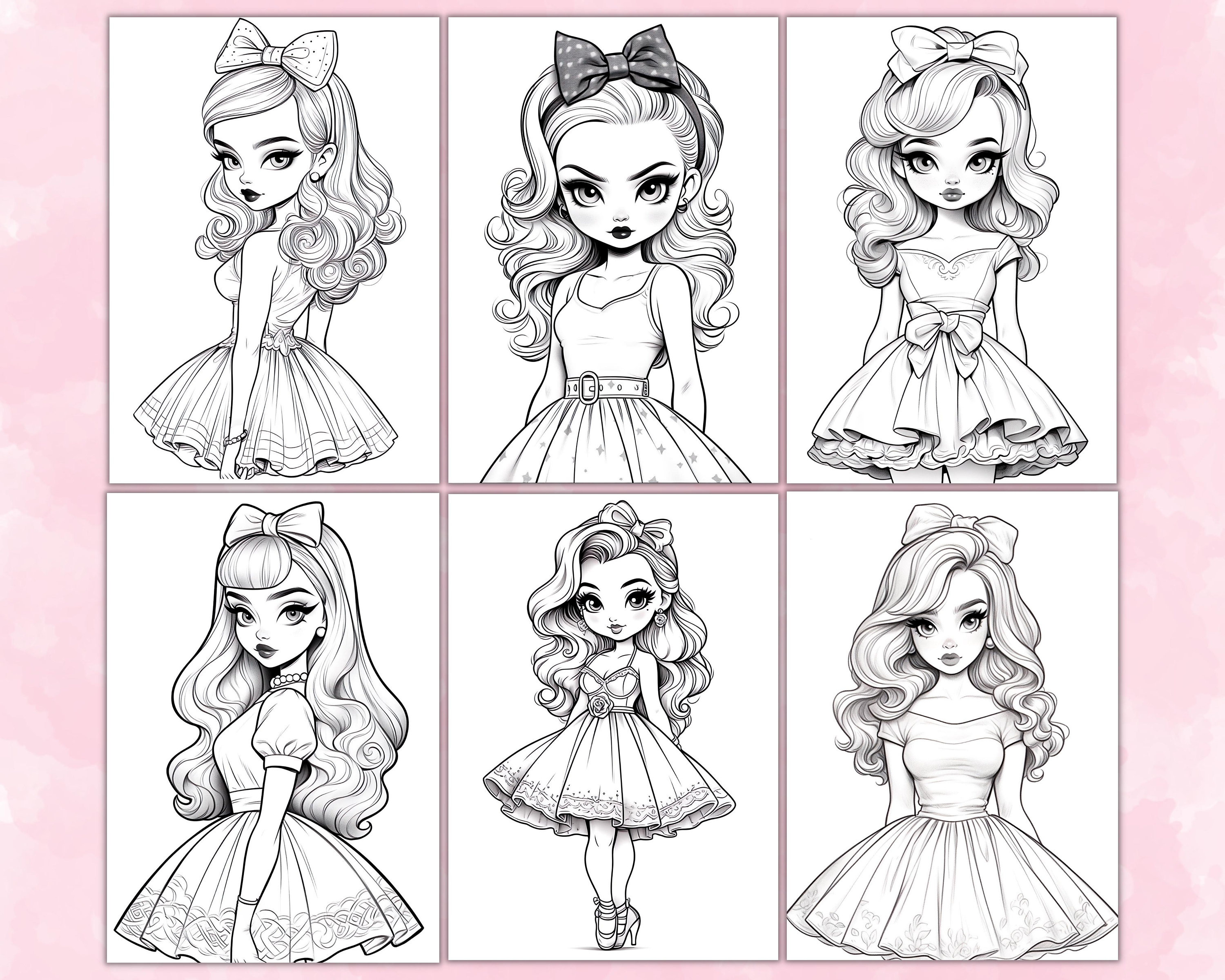Girls in 1950s Fashion Coloring Pages for Adults, Grayscale Coloring ...