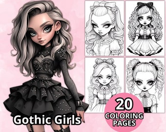 Gothic Girls Coloring Pages For Adults, Grayscale Coloring Pages, Fantasy Anime Coloring Book, Pritnable PDF, Digital Download