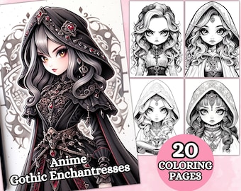 Anime Gothic Enchantresses Coloring Pages for Adults, Grayscale Coloring Pages, Digital Coloring Book, Printable PDF, Fantasy Anime Coloring