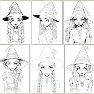 Cute Anime Witches Coloring Pages For Adults, Grayscale Coloring Pages, Halloween Coloring Pages, Fantasy Anime Coloring Book, Printable PDF Active