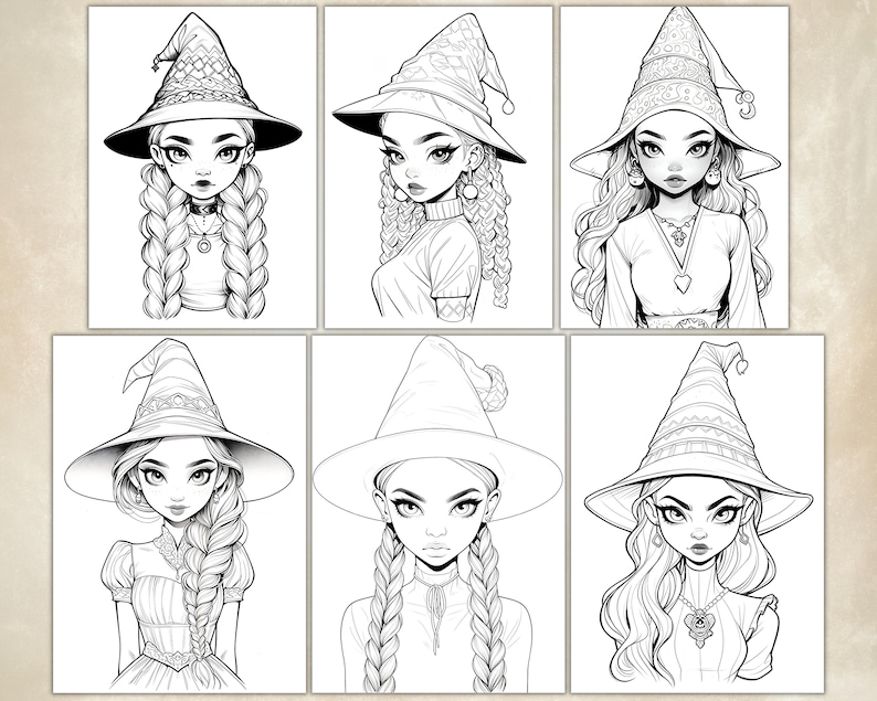 Cute Anime Witches Coloring Pages For Adults, Grayscale Coloring Pages, Halloween Coloring Pages, Fantasy Anime Coloring Book, Printable PDF Active