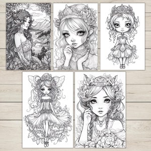 Cute Fairy Princesses Coloring Pages, Grayscale Coloring Page, Fantasy ...