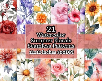 21 Nahtlose Sommer Blumen Aquarell Muster, Aquarell Blumen Muster, Halbes Blumen Muster, Blume Digitales Papier, Florale Drucke